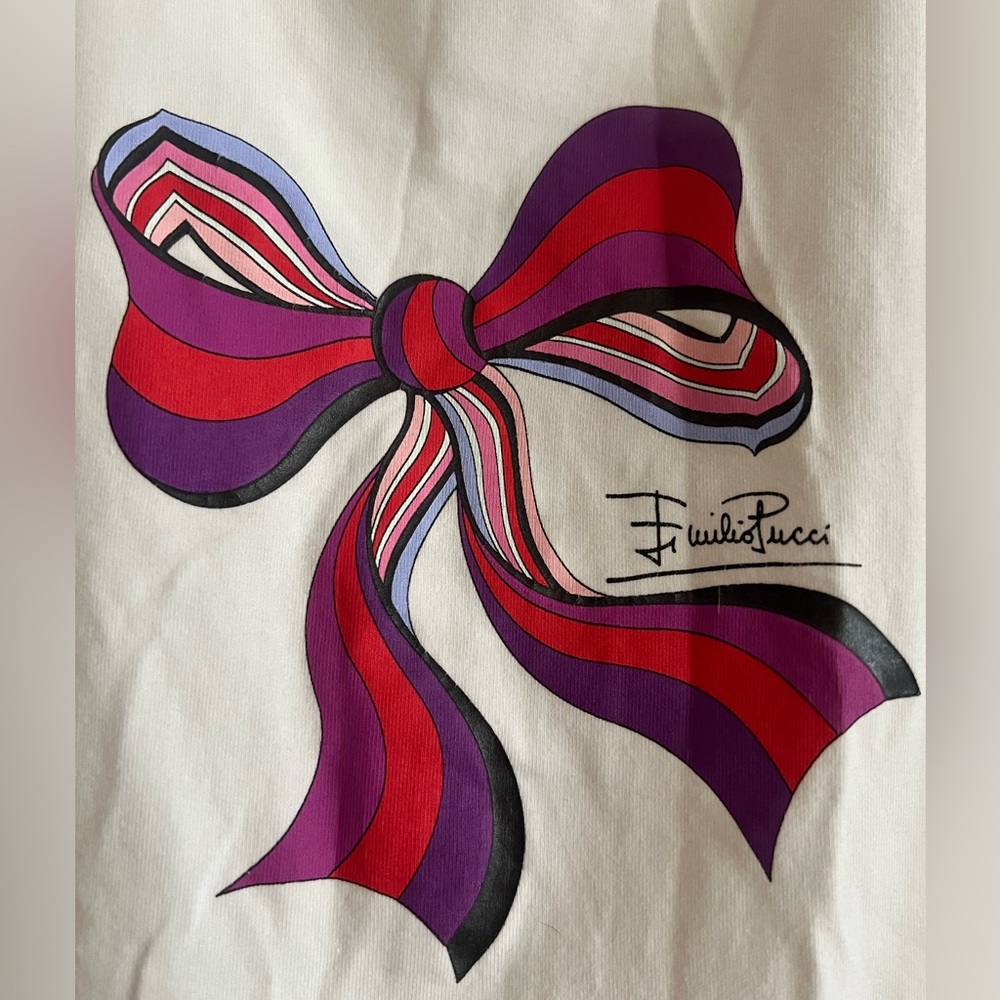 Emilio Pucci Kids Size 8 Girl White Long Sleeve Tee with Colorful Bow - Picture 2 of 5